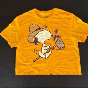Peanuts Yellow Short Sleeve Cropped Tee with Cowboy Snoopy